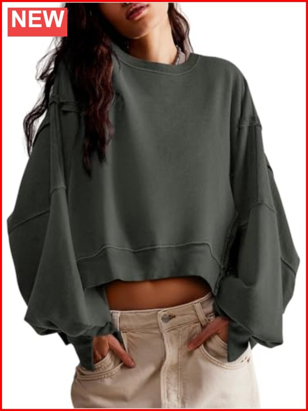 Womens Loose Fit Crop Sweatshirt Crew Neck Pullover Long Sleeve